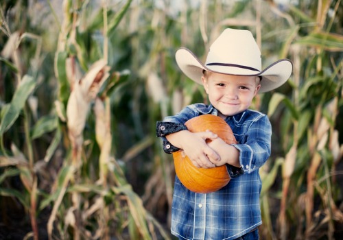 Boy stands next to a corn maze in Moline IL. The boy is holding a pumpkin and smiling.