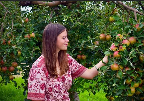 A woman smiles while picking apples at Tanners Orchard, which offers Apple Picking for Peru IL residents